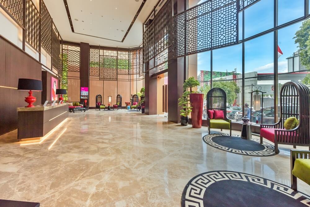 Modern hotel lobby area with comfortable seating