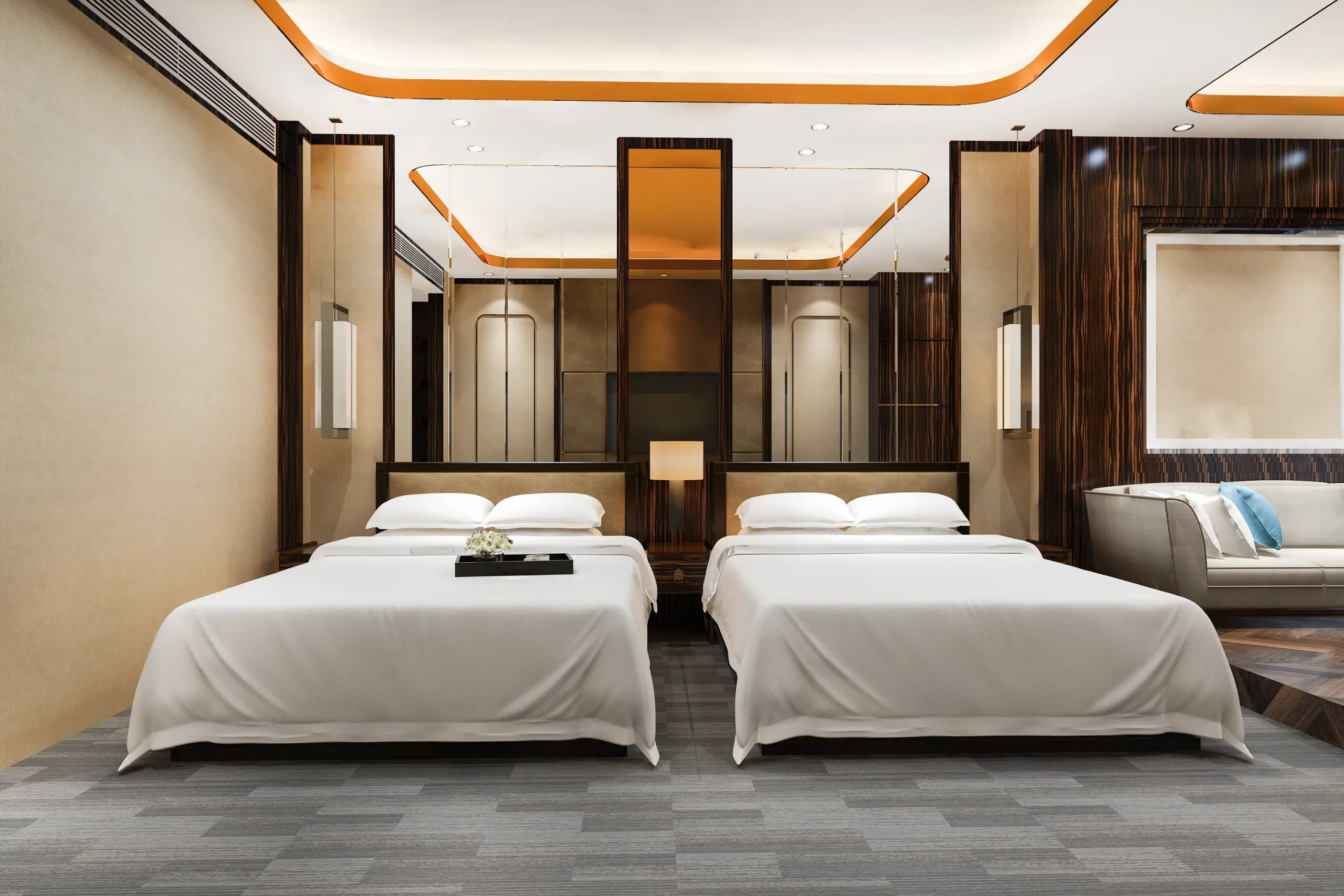 3d rendering of a luxury bedroom suite with twin beds