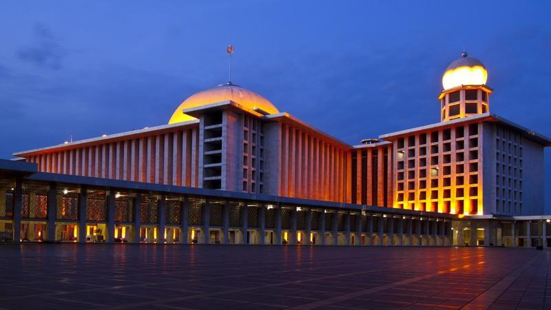 Istiqlal Mosque Jakarta illuminated at dusk