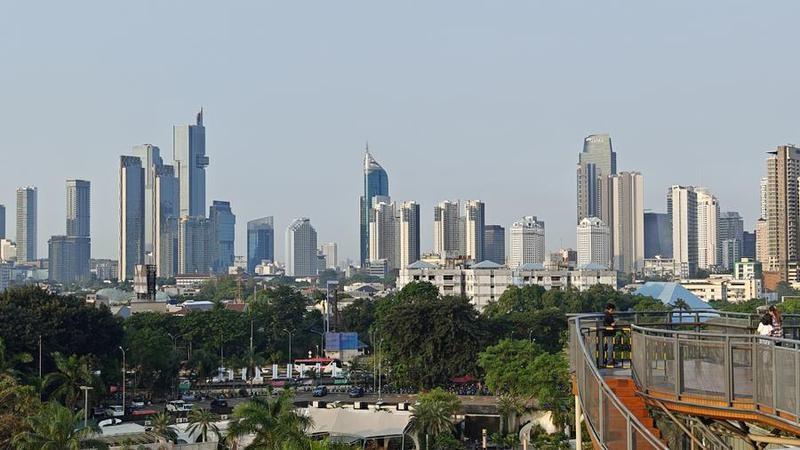 City skyline with pedestrian bridge and greenery