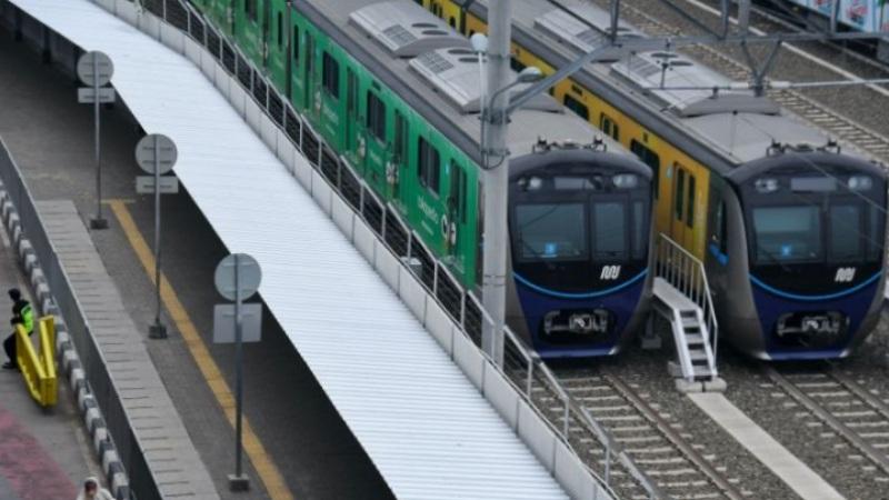 Green and yellow commuter trains at platform
