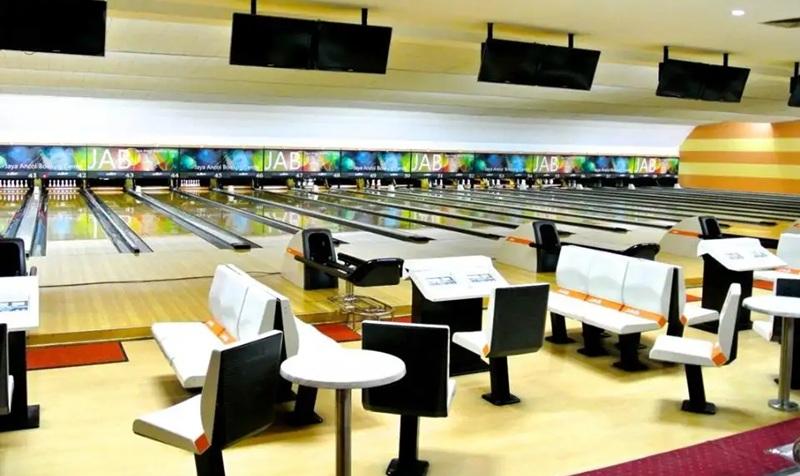 bowling alley interior with lanes and seating