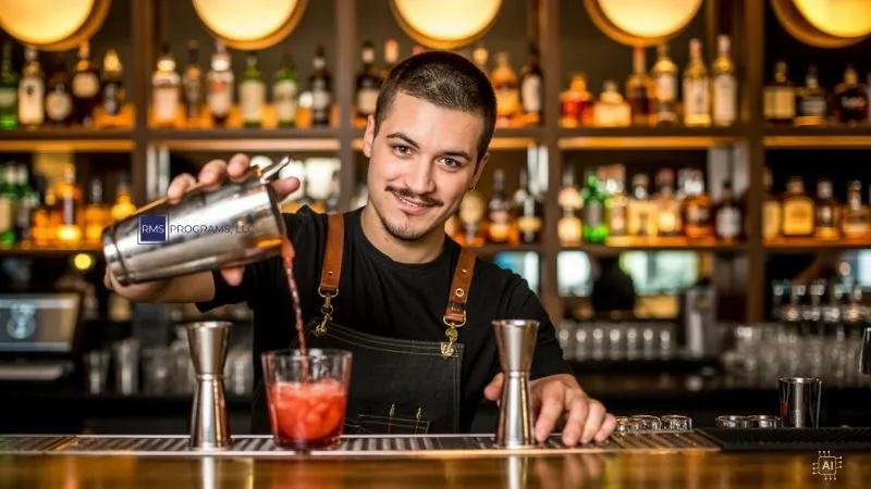 bartender pouring red cocktail at bar