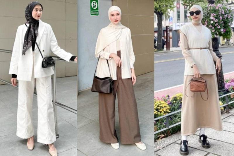 Three women in neutral hijab fashion outfits