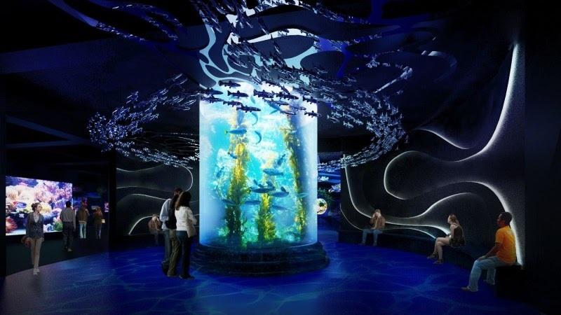 Blue-lit aquarium room with central cylindrical tank