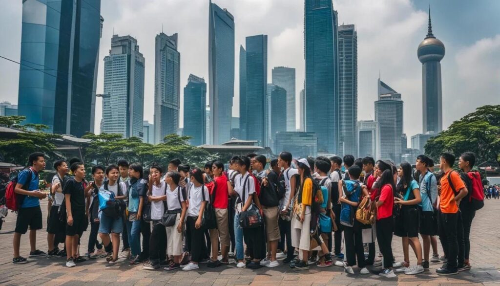 school students touring city skyline with backpacks