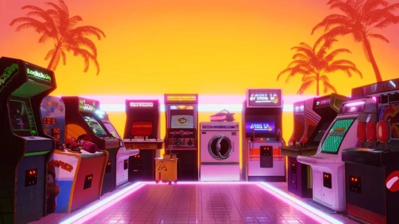 Vaporwave arcade room with neon cabinets and palm trees