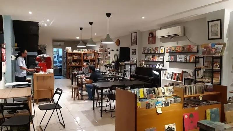 bookstore cafe interior with records and seating