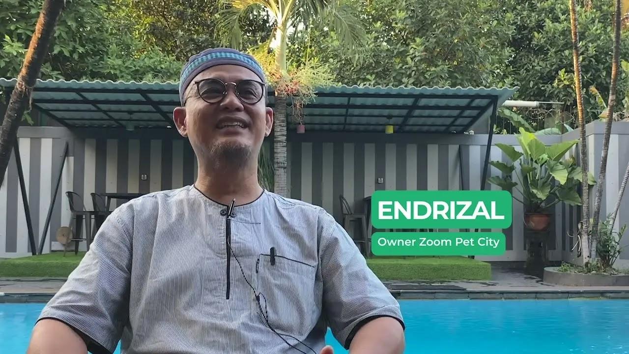 Man sitting by pool with on-screen graphic reading ENDRIZAL