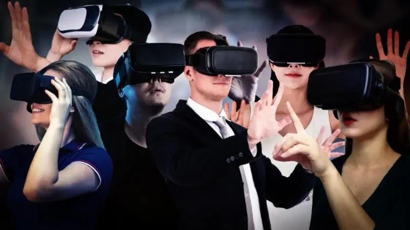 Group of people using virtual reality headsets