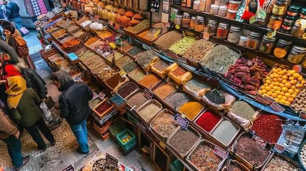 Overhead view of spice market with bright colors