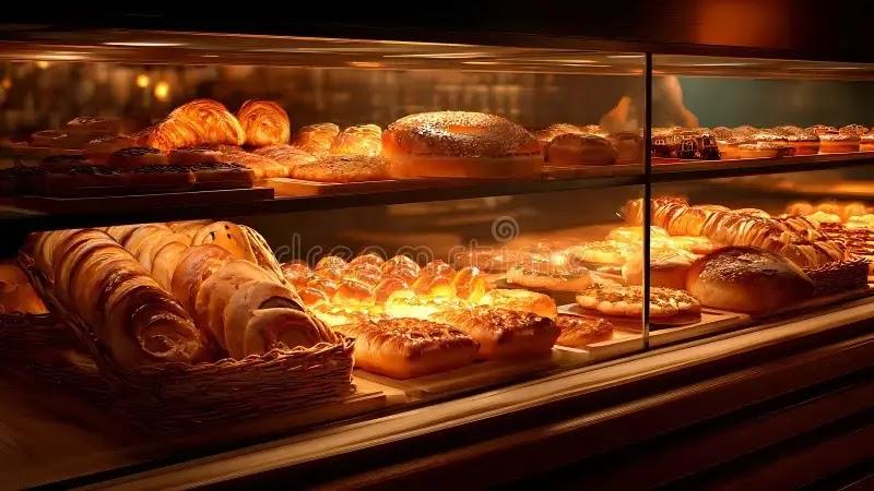 Bakery display case with assorted breads and pastries