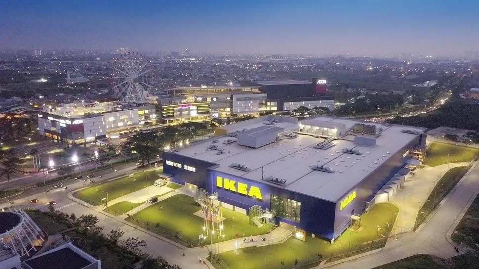 Aerial view of IKEA store and nearby mall at dusk