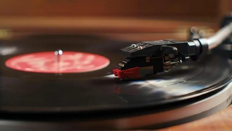 Turntable stylus playing vinyl record