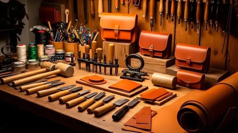 Leather workshop bench with tools and leather goods