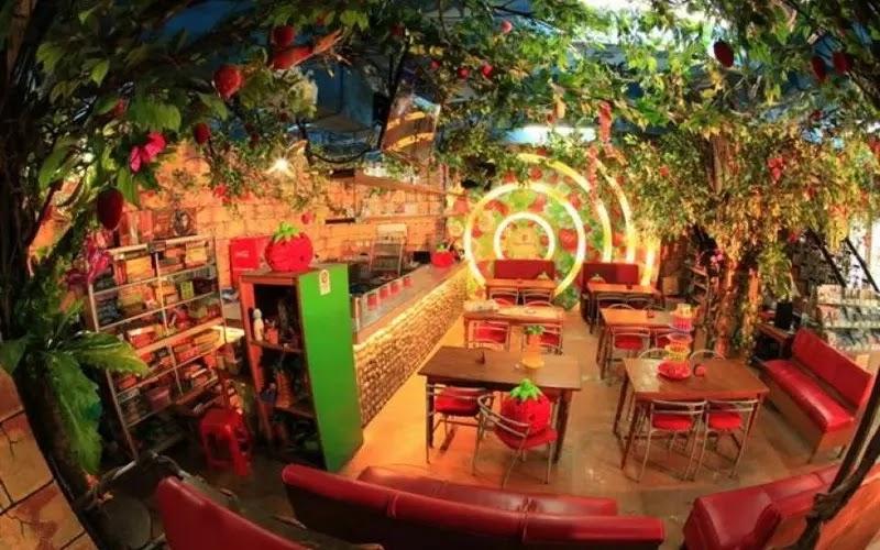 Strawberry cafe interior with hanging plants