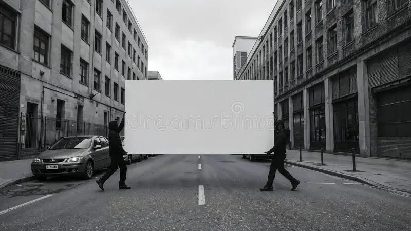 Two people carrying large blank billboard across city street