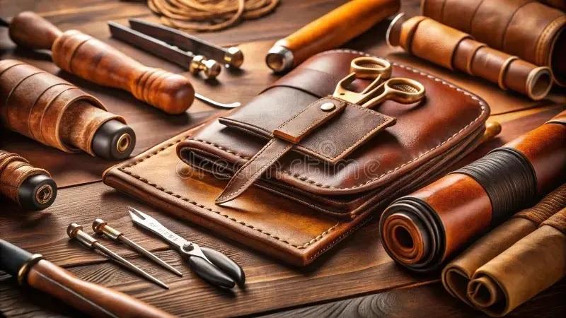 Leatherworking tools and stitched leather pouch