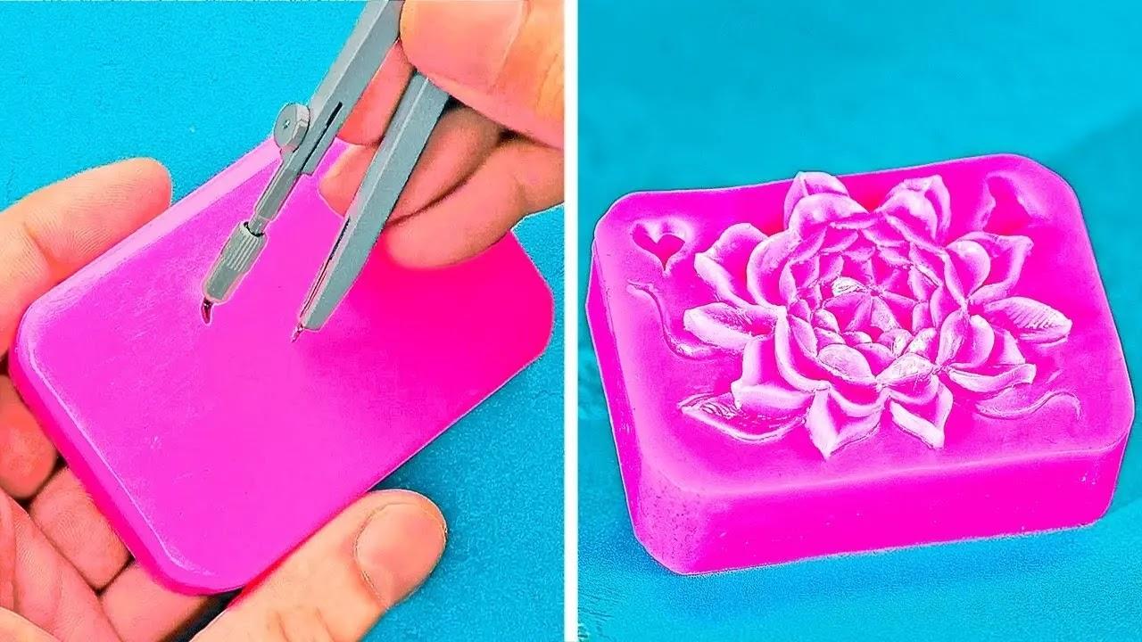 Pink soap carved with floral design and compass