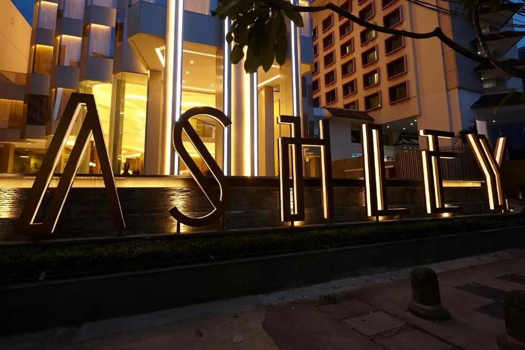 Ashley hotel logo illuminated at night