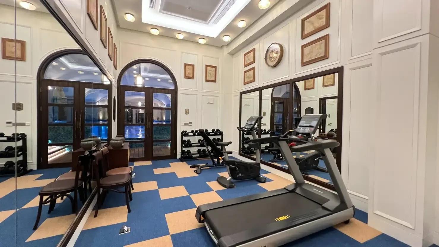 Luxury home gym with treadmill, weights, mirrored wall