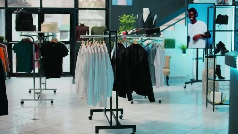 Boutique clothing racks with white shirts and black jackets