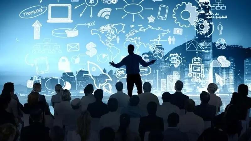 Business speaker presenting digital technology concepts