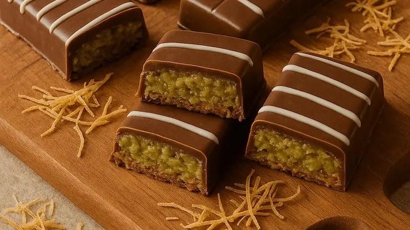 Chocolate bars with green coconut filling on wooden board