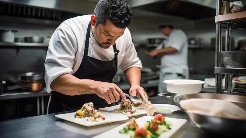 Chef plating gourmet dishes in a restaurant kitchen