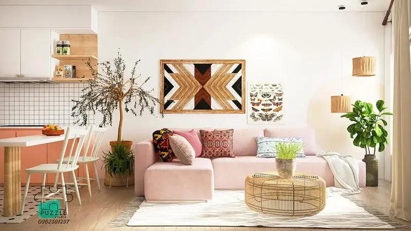 cozy pink living room with rattan coffee table