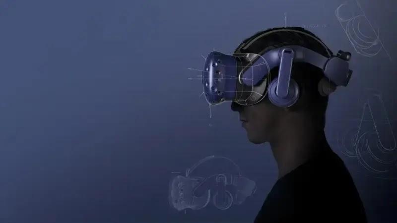Person wearing VR headset in profile on blue background