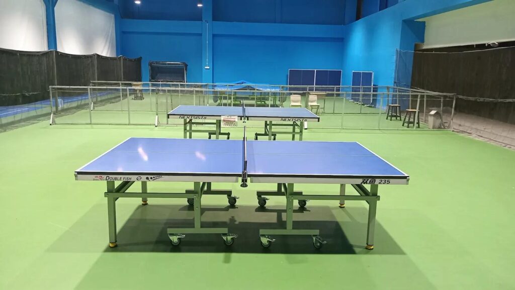 Indoor table tennis tables in blue and green hall