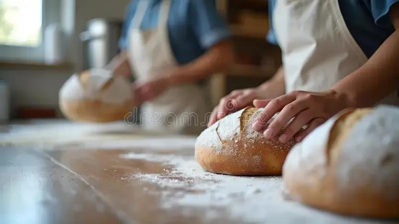 Hands shaping round loaves of crusty bread on floured table