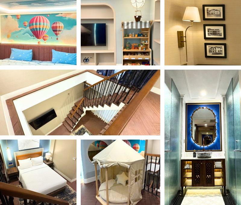Boutique hotel interior collage with mural and stairs
