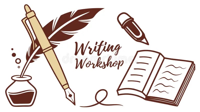 Writing workshop banner with fountain pen, ink bottle, feather quill, and open notebook illustration