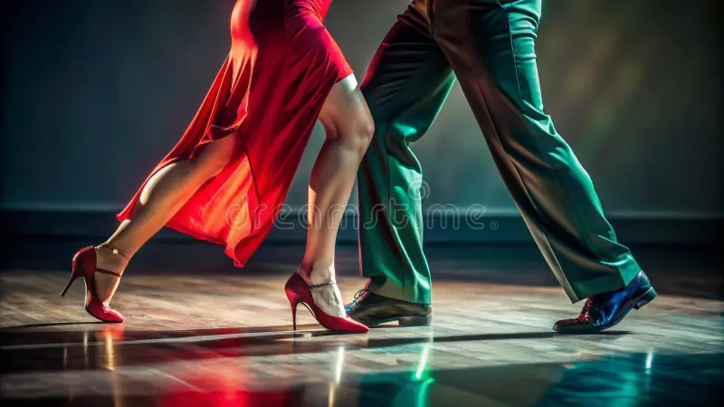 Two dancers in red and green outfits performing in a dim studio, high heels on reflective floor