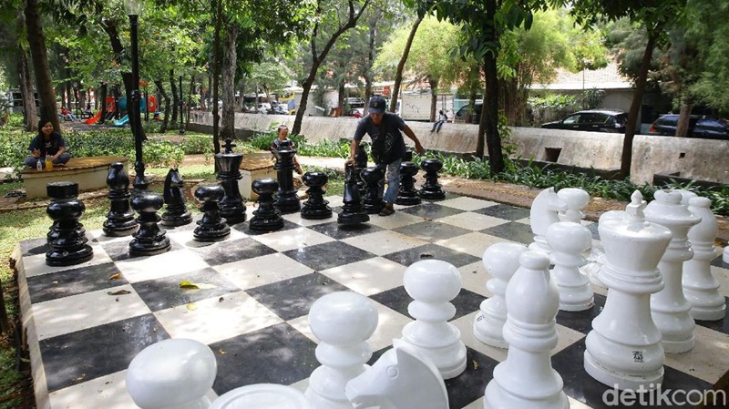 Outdoor chess board with black and white pieces on a checkered table in a park garden area