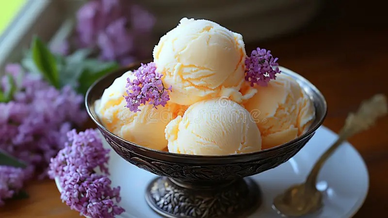 Vanilla ice cream scoops in a dark bowl garnished with purple lilac flowers on a table