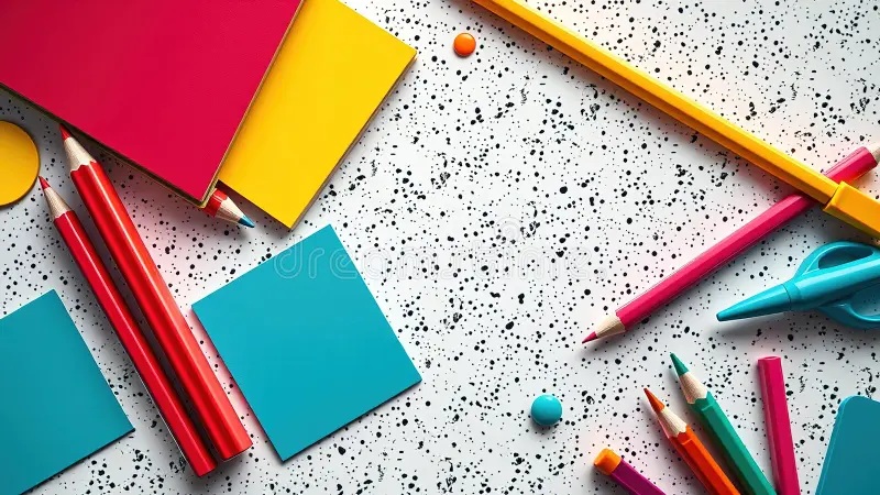 Colorful school stationery—pencils, markers, notebooks—scattered on a speckled desk surface