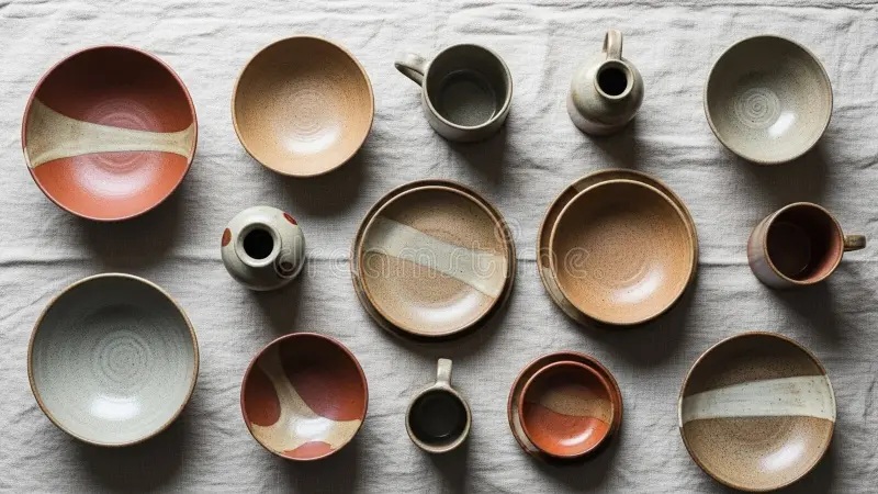 Assorted ceramic bowls and cups in earthy tones arranged on a light fabric background