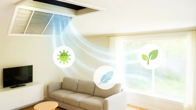 Living room with bright sunlight and floating health, leaf, and ventilation icons indicating air purification and sanitizing