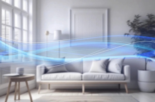 Bright living room with modern sofa, table, and blue light wave overlay indicating wireless connectivity