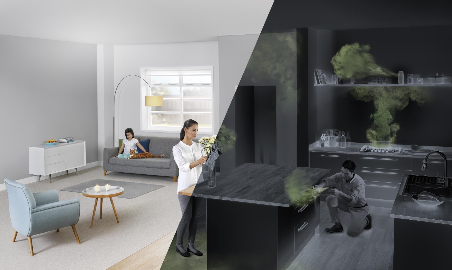 Cleaner and open-concept home kitchen with living room, installer crouching near cabinetry, and subtle smoke-haze effect