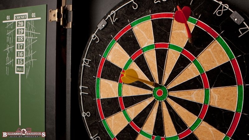 Dartboard with red and green scoring rings and a dart in the bullseye, alongside a cricket score panel
