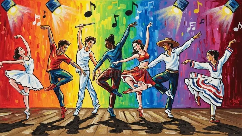 Colorful illustrated dance class with musicians and dancers moving on a stage with musical notes backdrop