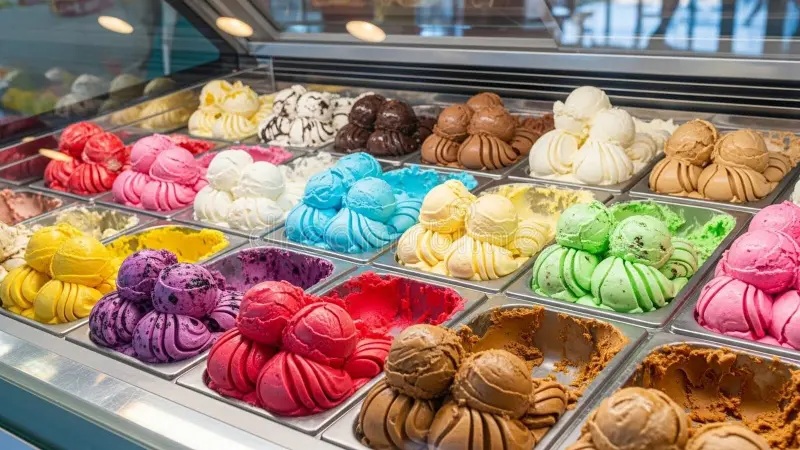 Colorful gelato scoops in a glass display case, including strawberry, pistachio, and chocolate flavors