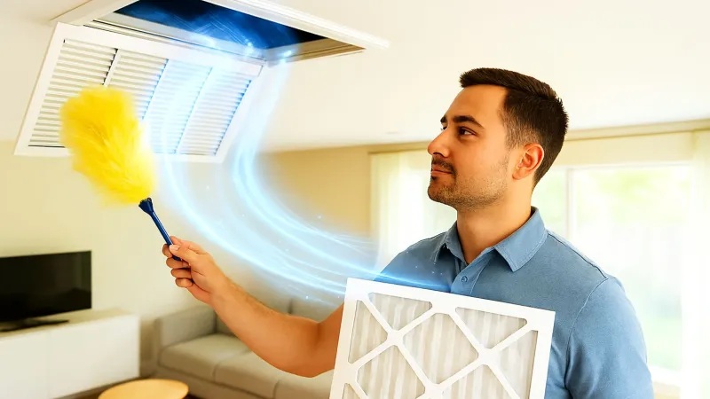 HVAC technician holding ceiling air filter near man with HVAC duct, blue airflow lines in living room