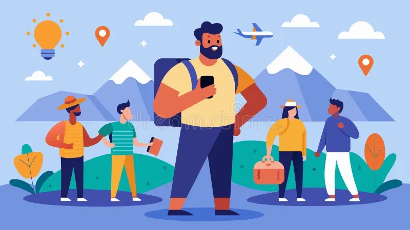 Travelers with backpacks and suitcase standing by lake with mountains, airplane, and map icons in background