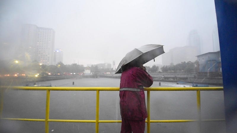 Person in a purple raincoat holding a gray umbrella on a bridge during heavy rain in a city skyline