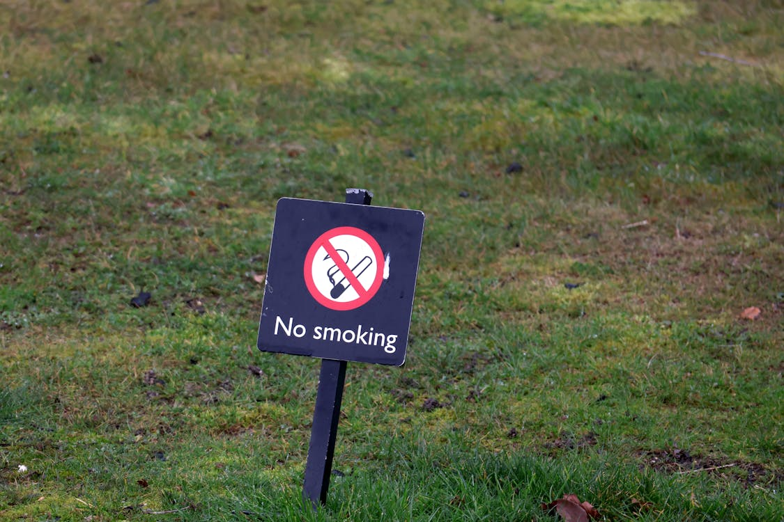 No smoking sign with a cigarette crossed out on a grassy lawn